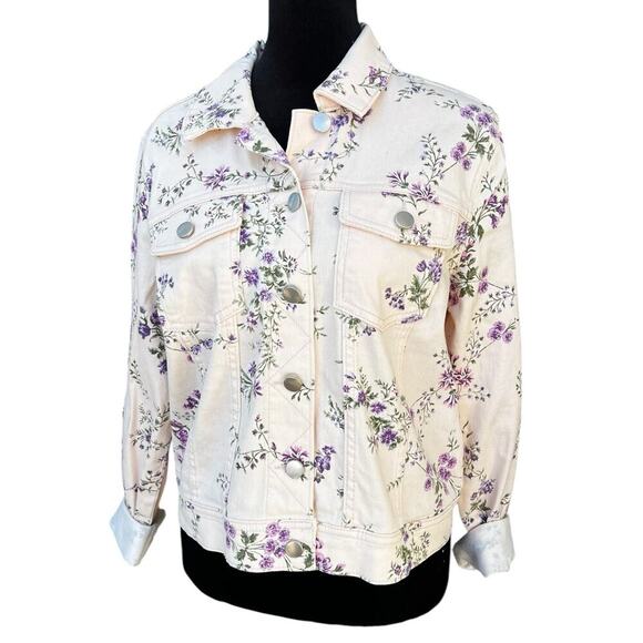 Candies denim jacket, stretch, soft, pink floral, women's size M - Picture 1 of 9